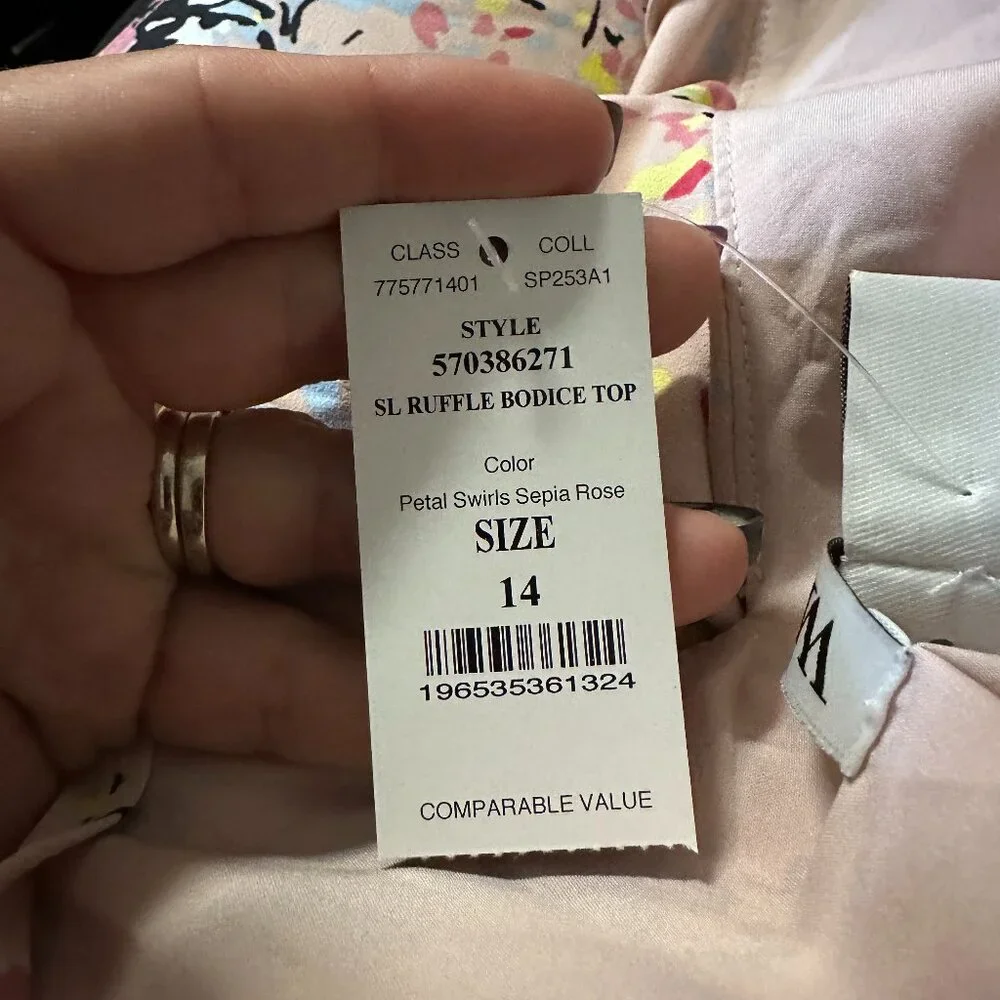 NWT White House Black Market Sleeveless Ruffle Top Petal Swirls Sepia 14